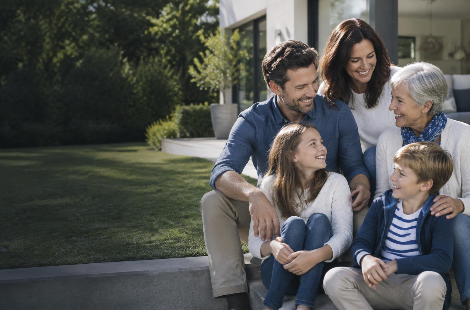 Three generations of a family together outside their home